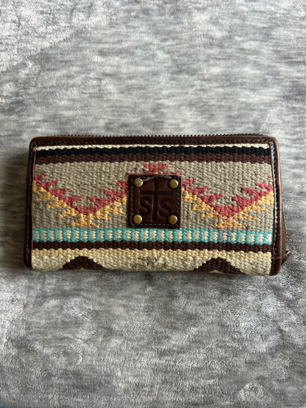 STS Ranchwoven Brown Tribal Zip Wallet with Turquoise Detail